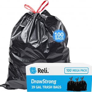 Reli. 39 Gallon Trash Bags Drawstring (100 Count) Large 39 Gallon Heavy Duty Drawstring Trash Bags - Black Garbage Bags 39 Gallon Capacity, Lawn Leaf (39 Gal)