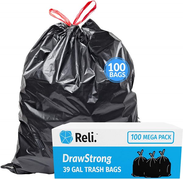 Reli. 39 Gallon Trash Bags Drawstring (100 Count) Large 39 Gallon Heavy Duty Drawstring Trash Bags - Black Garbage Bags 39 Gallon Capacity, Lawn Leaf (39 Gal)